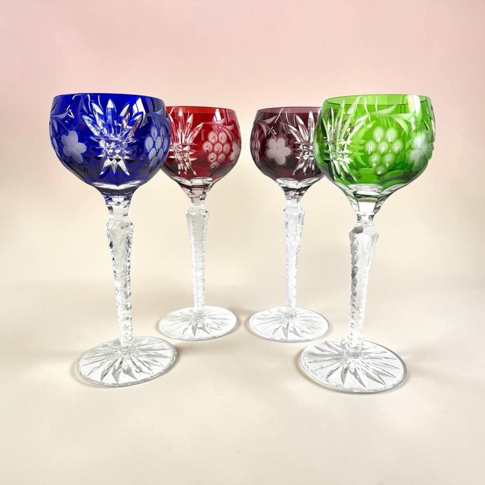 FOUR (4) AJKA MARSALA WINE HOCK GLASSES CRYSTAL Cut To Clear BOHEMIA HUNGARY